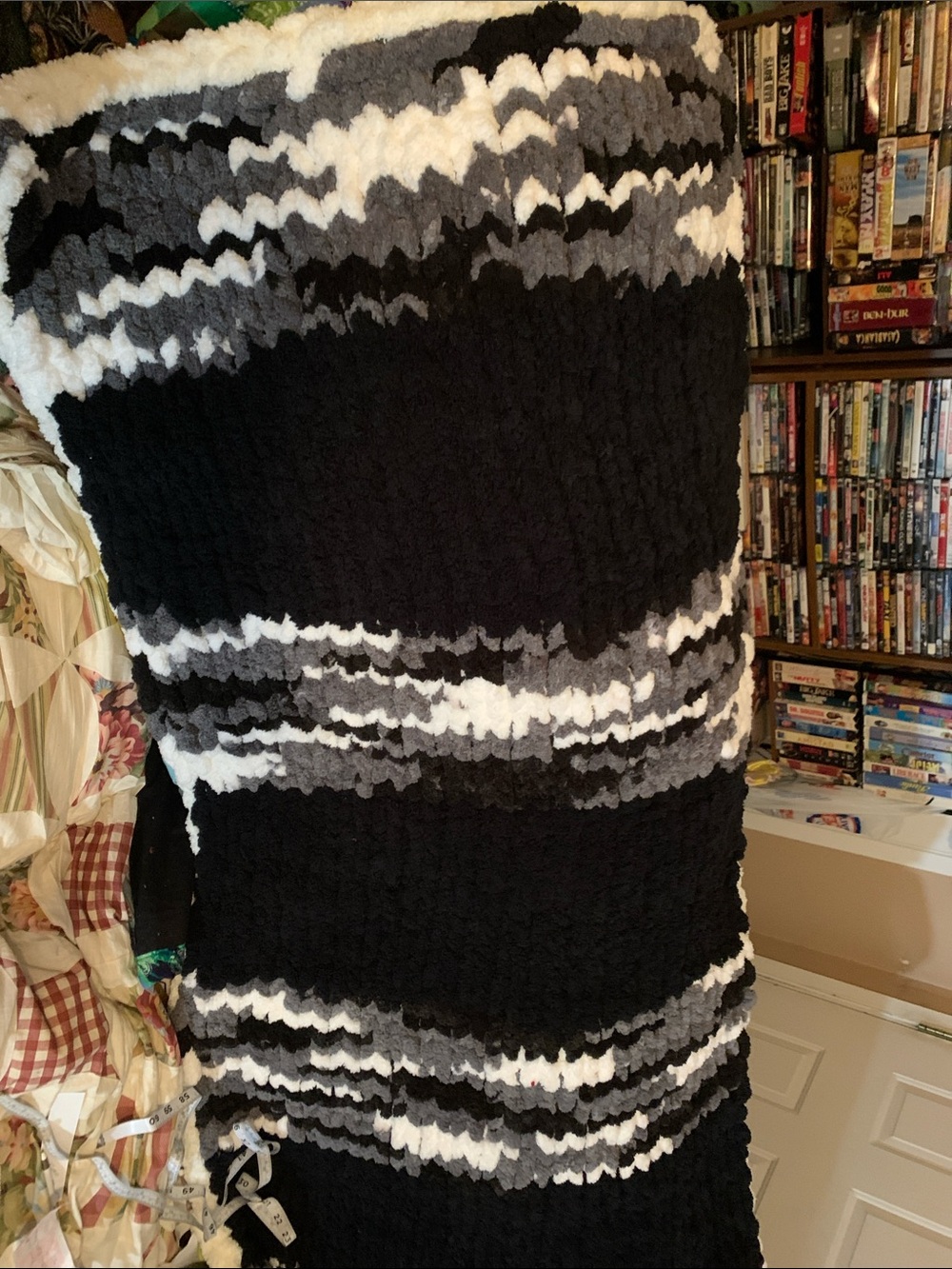 New Chunky Black/Gray & White Chenille Hand Knitted Cozy Throw 30x70